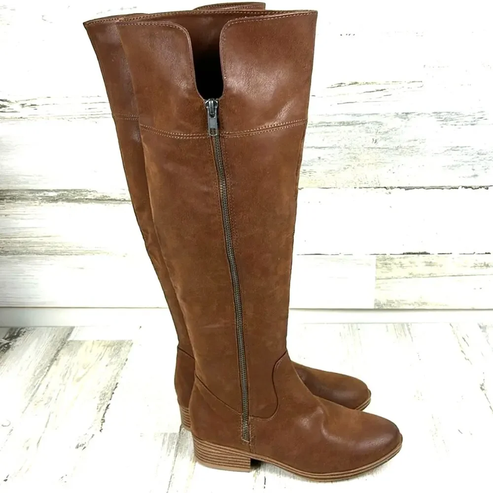 MIA Womens 5 Brown Faux Leather Over the Knee Boots Zip Heel Boho NEW
